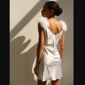 {TheRobeUA} White Silk Feather Sleeve Silk Mini Night Gown Dress